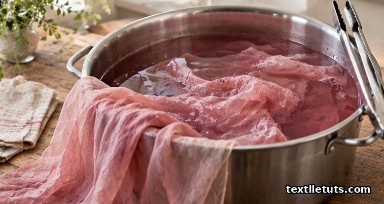 Sheer chiffon fabric partially submerged in a stainless steel pot of dusty-rose dye, with tongs resting on the rim.