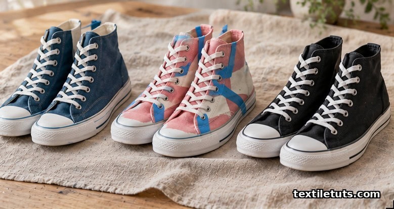 Three pairs of freshly dyed canvas high-top sneakers in ocean blue, peony pink, and black displayed on a draped linen cloth.