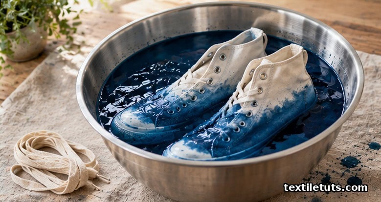 Off-white canvas high-top sneakers submerged in a stainless steel bowl of deep ocean-blue Dylon dye on a soft linen cloth.