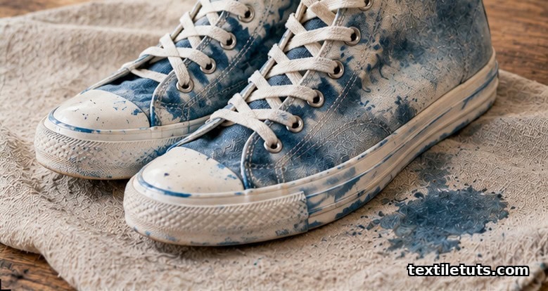 Canvas high-top sneakers with uneven dye blotches across the toe boxes and blue dye stains creeping up the white rubber soles.