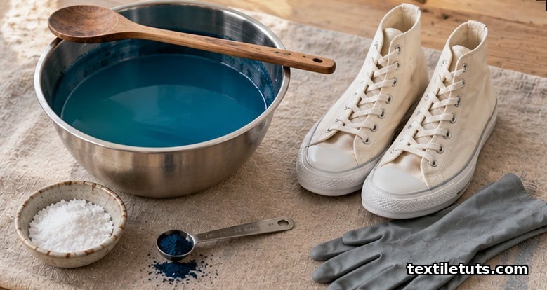 Flat-lay of Dylon fabric dye supplies including mixing bowl, dye powder, salt, cream canvas shoes, and gloves on linen.
