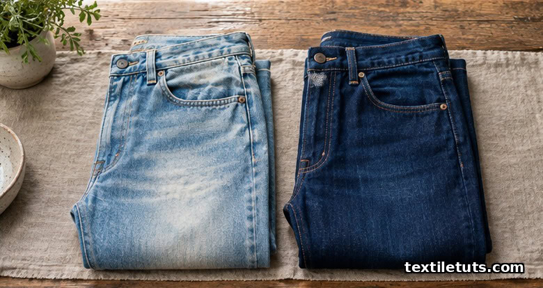 Faded light-wash denim jeans laid beside deep indigo dark-wash jeans on a wooden surface for color comparison.