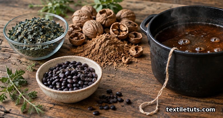 Dried indigo leaves, walnut hulls, and black beans arranged beside a simmering pot of natural plant dye.