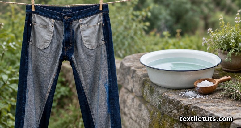 Newly dyed dark indigo jeans turned inside out hanging on a clothesline to air-dry beside a salt rinse basin.