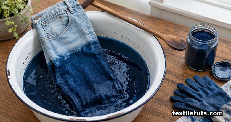 Pair of jeans partially submerged in a porcelain basin of dark indigo dye bath with a wooden stirring spoon.