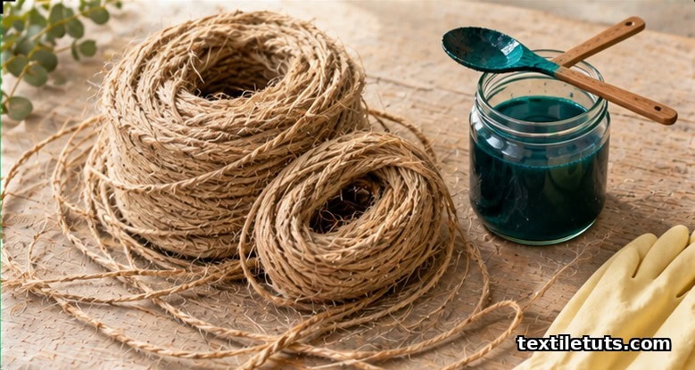 Coils of natural jute twine beside a glass jar of teal dye and rubber gloves on a wooden table.