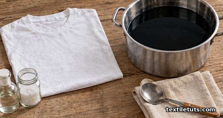 A folded white cotton garment beside a stainless steel pot of deep black dye on a wooden preparation table.