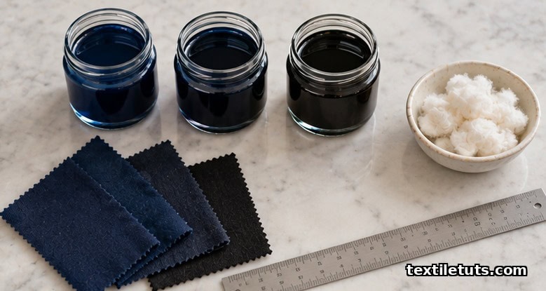 Glass jars of fabric dye in navy, midnight, and black beside matching cotton swatches on a marble surface.