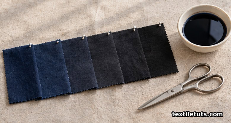 Fabric swatches transitioning from deep navy blue to pure black laid on a natural linen surface with a ceramic bowl of dark dye.