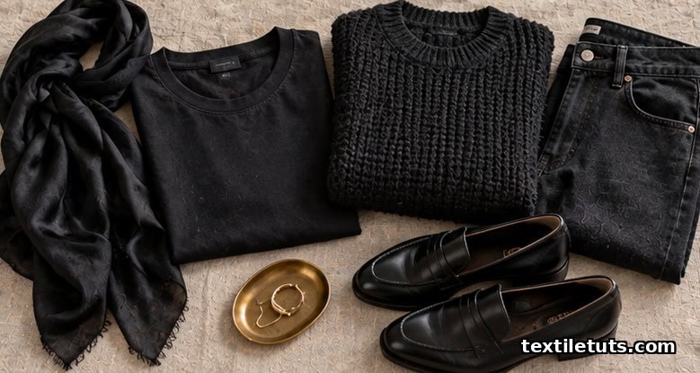 Folded black garments in silk, cotton, wool, and denim textures arranged on an undyed linen background.