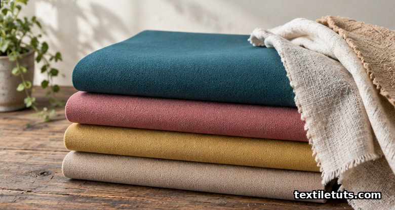 Folded sheets of dyed neoprene in muted textile colors arranged on a wooden work surface with linen and cotton swatches.
