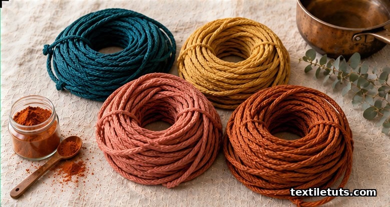 Coiled skeins of dyed nylon rope in teal, mustard, and terracotta arranged on a pale linen cloth beside a copper pot and dye jar.