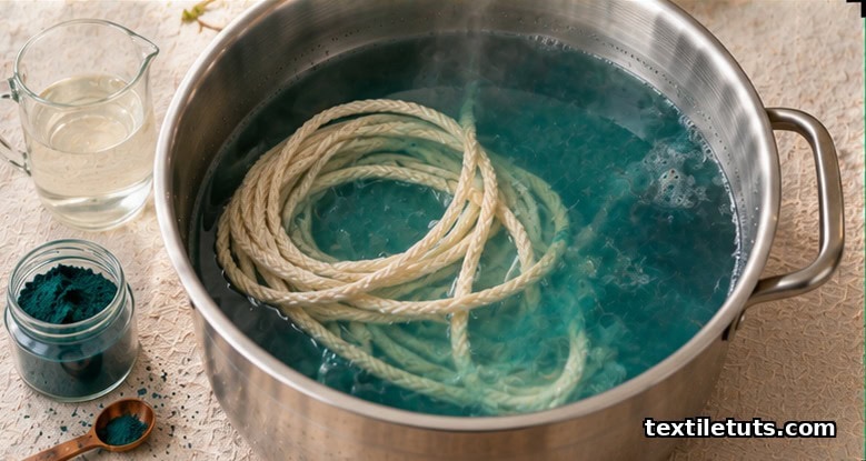Cream-colored nylon rope coiled inside a stainless steel pot of simmering teal dye bath, with vinegar and dye powder on the linen beside it.