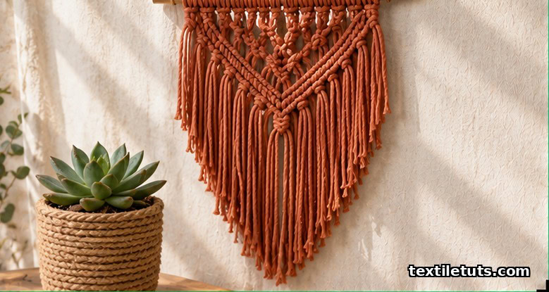 Terracotta-dyed nylon rope macrame wall hanging with knotted fringe displayed against a cream linen backdrop beside a rope-wrapped planter.