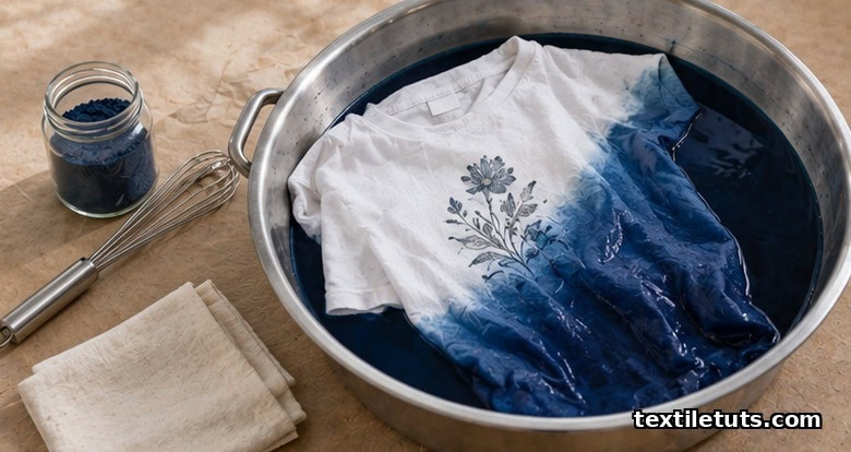 White printed-design cotton t-shirt half-submerged in a stainless steel tub of deep indigo dye, with a whisk and dye jar on a kraft paper surface.