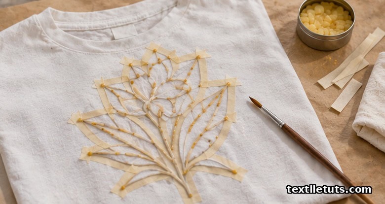 Close-up of a white cotton shirt on parchment paper with a floral motif outlined in masking tape and dabs of beeswax applied around the edges.