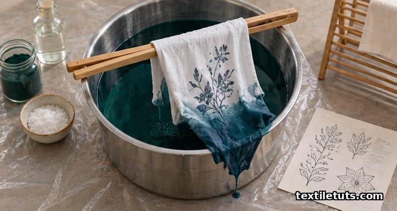 Overhead view of a home dyeing workspace with a stainless steel tub of teal dye, wooden tongs, dye jar, salt bowl, and a printed shirt dripping dye.
