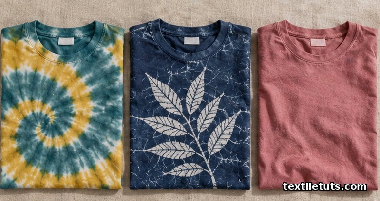 Three shirts laid flat on linen showing tie-dye spiral in teal and mustard, indigo batik with white crackle lines, and a solid dusty-rose Rit-dyed shirt.