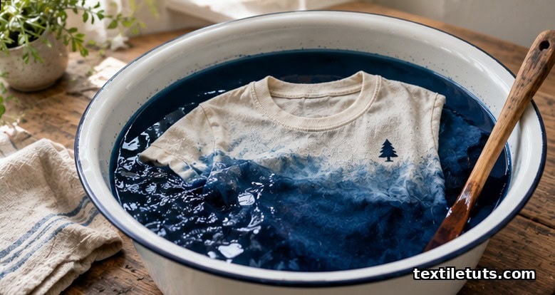 Cotton t-shirt with a logo partially submerged in an indigo dye bath, illustrating fabric dyeing.