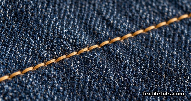 Macro close-up of indigo denim fabric with a contrasting golden-yellow stitched seam running diagonally, twisted thread fibers visible.