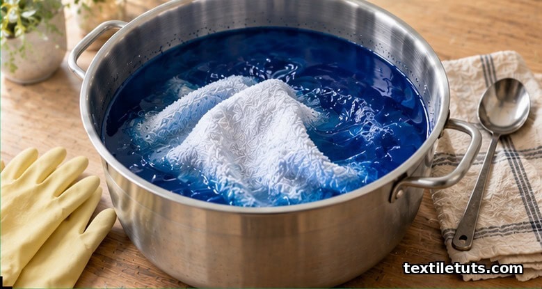 White towel soaking in a stainless steel pot filled with deep cobalt-blue dye bath