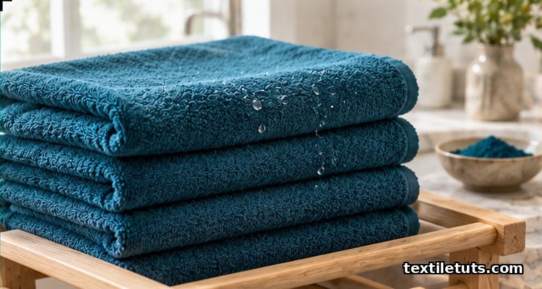 Stack of freshly dyed teal cotton towels folded on a wooden drying rack beside a small dye bowl