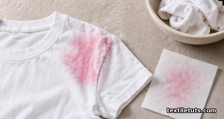 White cotton t-shirt with diffuse pink dye stain beside a color-catcher sheet on a linen surface.