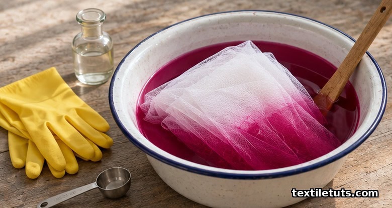 Folded white nylon tulle submerged in a basin of fuchsia magenta dye bath with a wooden spoon resting on the rim.