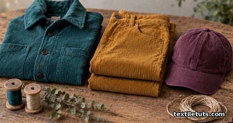 Folded finished corduroy garments in teal, ochre, and plum arranged on a wooden bench with thread spools and dried eucalyptus.