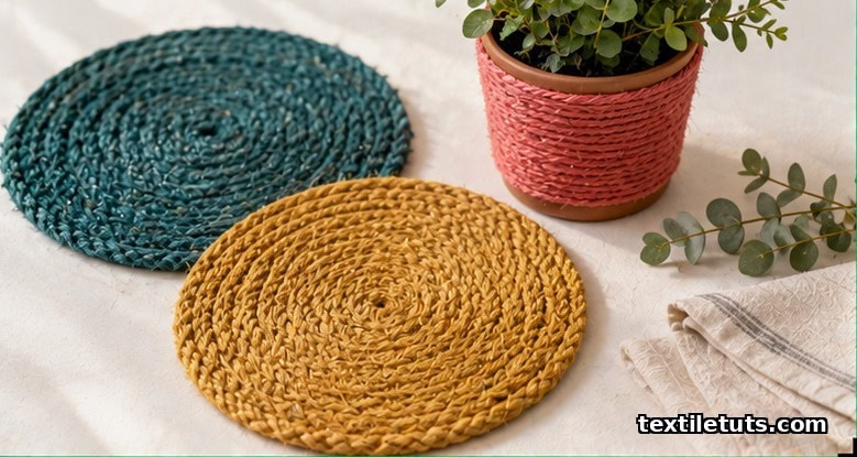 Hand-woven teal and mustard jute placemats beside a terracotta pot wrapped in coral-pink jute twine.