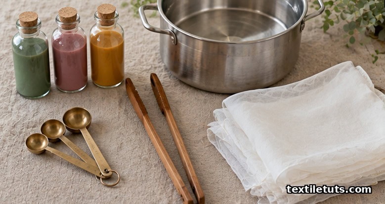 Flat-lay of dye bottles, stainless steel pot, tongs, measuring spoons, and white chiffon on a linen surface.