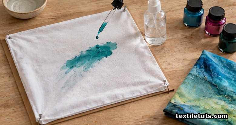 Flat-lay of damp cotton scarf, eye dropper of turquoise ink, spritz bottle, and ink jars on a wooden workbench.
