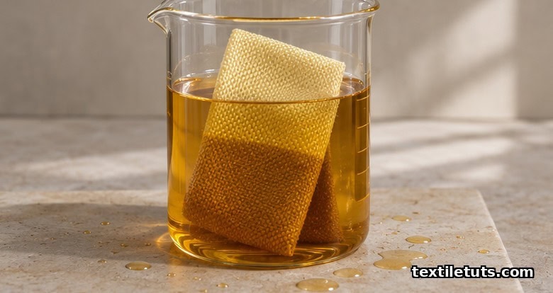 Glass beaker of amber dye solution with a pale yellow Kevlar swatch partially submerged, darkening to muted ochre where it absorbs the dye.