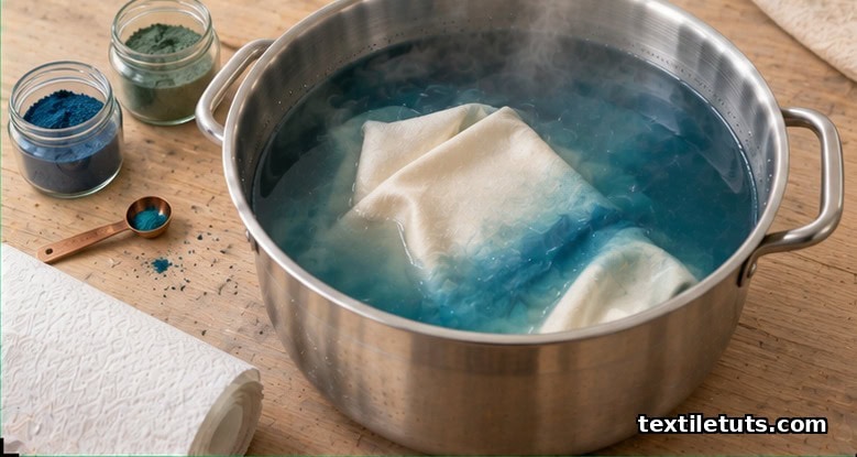 Ivory lycra fabric partially submerged in a simmering teal dye bath inside a stainless steel pot.