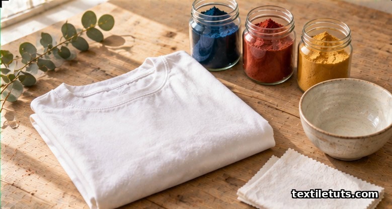 Folded white cotton garment on a wooden table beside glass jars of indigo, red, and yellow dye powder