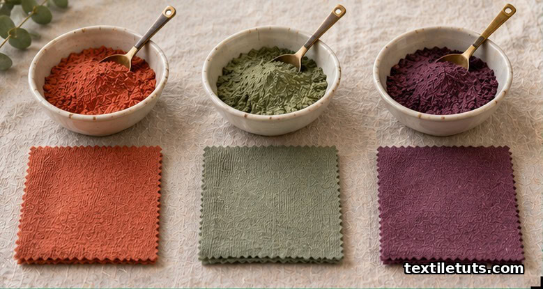 Three ceramic bowls of fabric dye in terracotta, sage, and plum beside matching cotton swatches