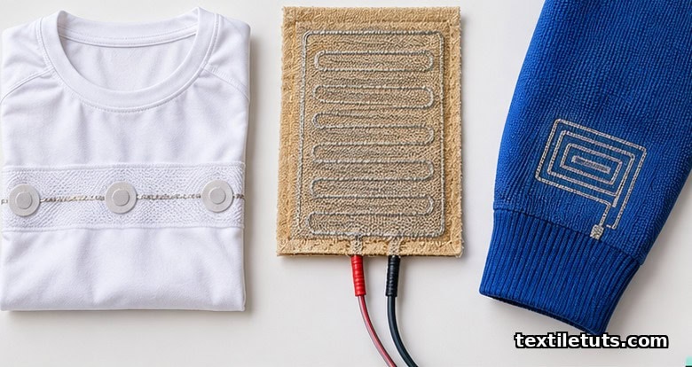 E-textile applications: a shirt with textile ECG electrodes, an aramid heating panel, and a stretchable knit with printed antenna pattern.