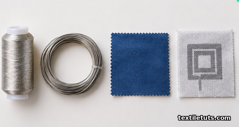 Four conductive e-textile materials on a neutral background: silver yarn spool, steel filament coil, PEDOT-coated cotton, and graphene printed PET.