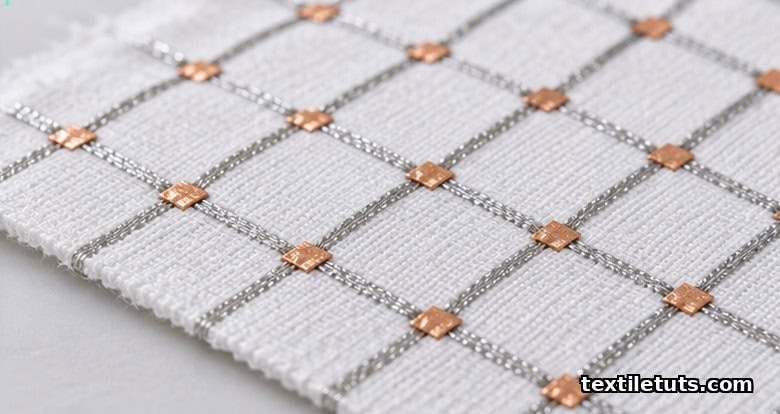 Close-up of an e-textile fabric showing silver-coated nylon conductive yarns woven into a fine cotton grid with copper contact pads.