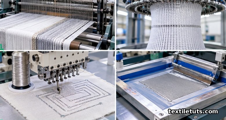 Four e-textile manufacturing routes side by side: Jacquard weaving loom, circular knitting machine, embroidery head, and screen printing press.