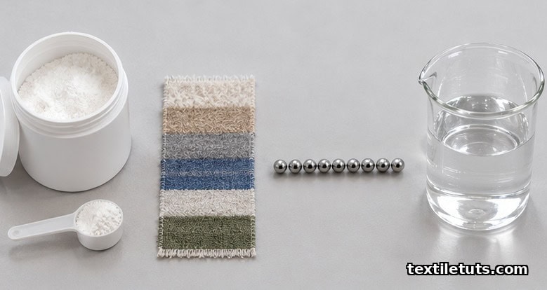 ECE reference detergent, six-band multifiber strip and ten stainless-steel balls laid out for colorfastness testing