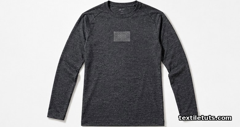 ECG shirt with knit textile electrodes visible in the chest panel, laid flat in editorial product photography style.