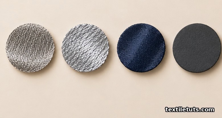 Four conductive textile material swatches: stainless steel yarn, silver-coated yarn, PEDOT polymer, carbon elastomer.