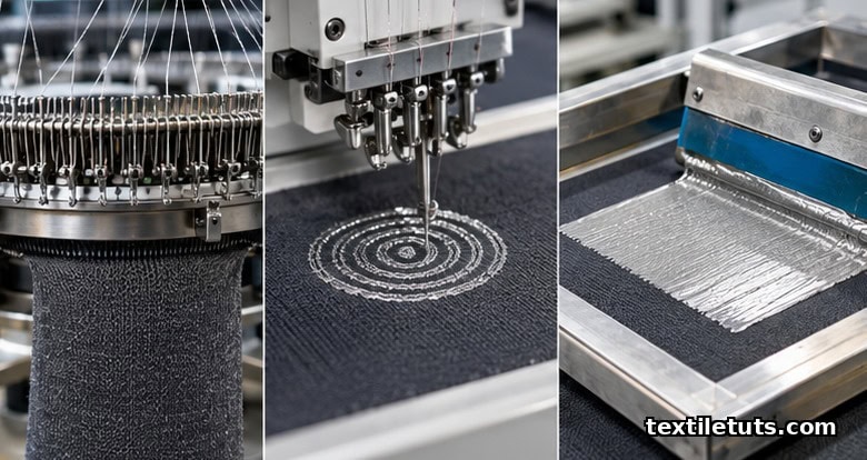 ECG shirt electrode manufacturing: knitting conductive yarn, embroidery with silver thread, screen-printing conductive ink.
