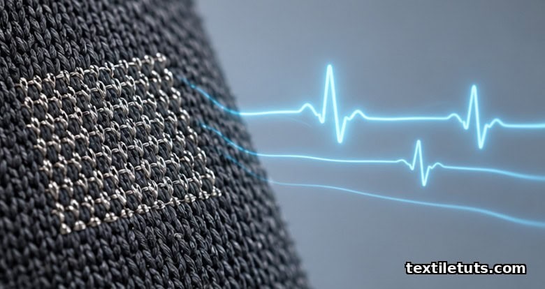 Macro view of silver-coated conductive thread woven into ECG shirt fabric with abstract ECG waveform traces.