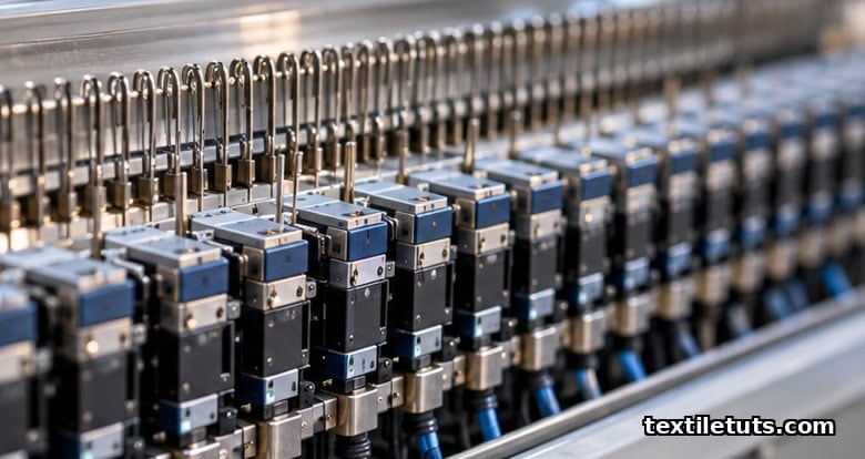 Close-up of individually addressable electronic actuators and split needles on a computerized flat knitting machine needle bed.