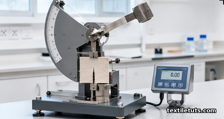 Elmendorf pendulum tear-strength tester apparatus with a pre-cut fabric specimen clamped in its jaws on a laboratory bench.