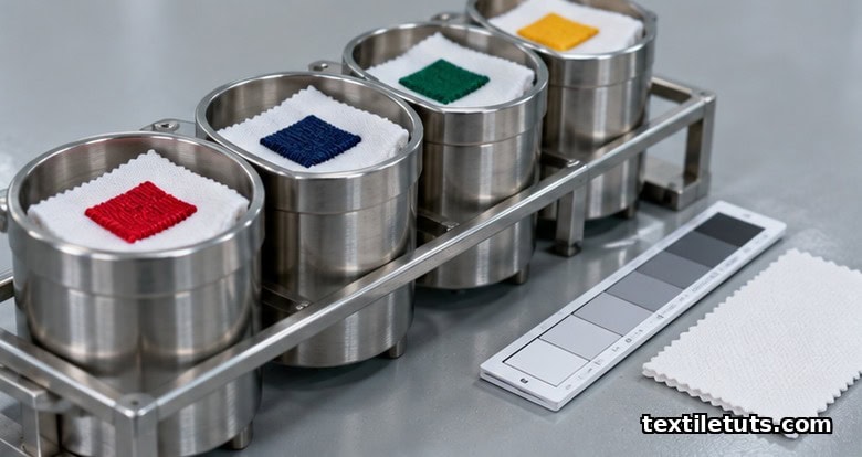 Laboratory wash-fastness test setup with embroidered fabric swatches in red, navy, green, and mustard inside stainless-steel canisters on a steel rack, beside grey-scale reference cards.