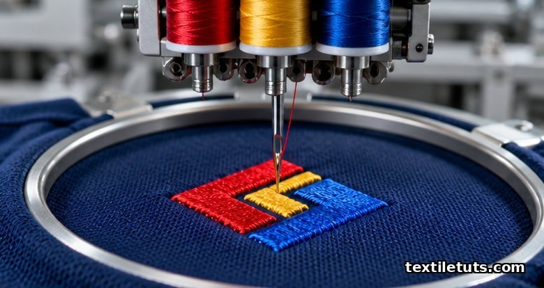 Macro view of an industrial embroidery needle forming satin stitches with red, gold, and blue polyester thread on a navy knit polo fabric inside a metal hoop.