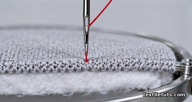 Cross-section of knit polo fabric layered with white cut-away stabilizer backing in an embroidery hoop, with a ballpoint needle and red polyester thread above.